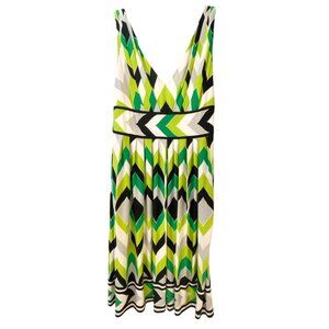 Maggy London V-Neck Tank Dress- Green & Black Herringbone Design